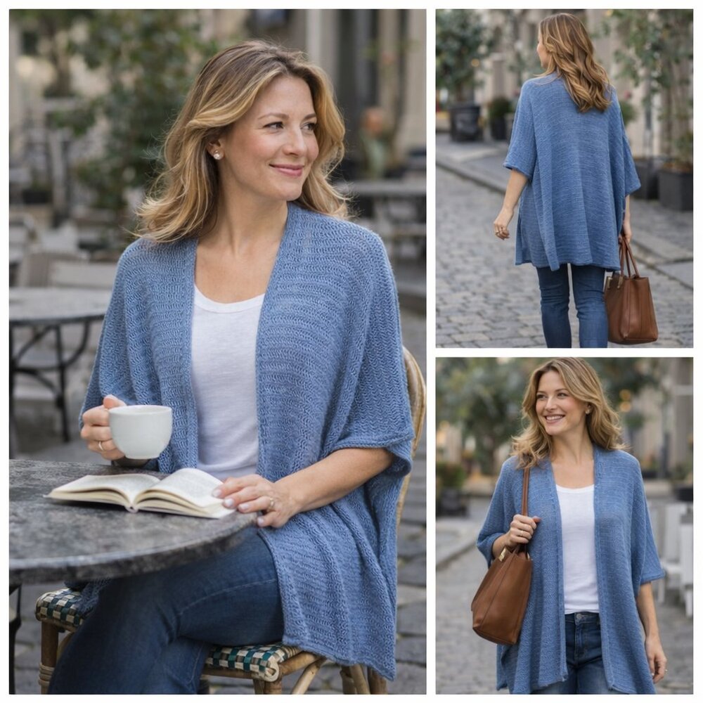 J. Jill Open-Weave Knit Poncho Wrap – Blue Textured Layer, One Size